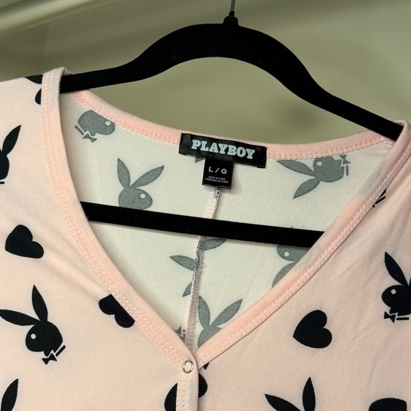 PLAYBOY Pajamas Light Pink Onesie with Black Bunny Print | Loungewear Button Up - Picture 7 of 9